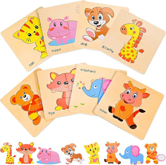 8pcs Wooden Puzzles for Toddlers 2 3 4, Toddler Puzzles Ages 1 2 3 4 | Montessori Educational Jigsaw Toys Puzzles Christmas Birthday Gift for Kids Girl Boy 1-4 Year Old (Zoo Animals)