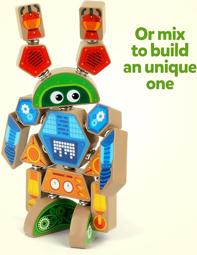 Coogam Snap Together Robot Builders for Toddlers | Wooden Take Apart Robot Build Block Playset, Fine Motor Skill STEM Educational Montessori Toy Gift for 3 4 5 Years Old Kids