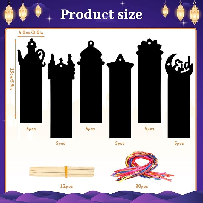 JUNEBRUSHS 30Pcs Ramadan Crafts, Rainbow Magic Ramadan Scratch Bookmarks for amadan Gifts Eid School Classroom Activities Ramadan Arts and Crafts Eid Party Favors