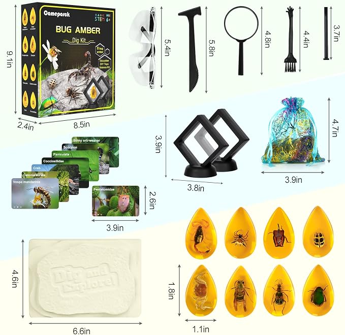 Bigger Amber Dig Kit-8 Artificial Insect Resin, Excavate Unique Insect Specimens, STEM Excavation Bugs Toys Science Kit for Kids,Educational Gifts Party Favors for Girls & Boys Age 6-8-12-14