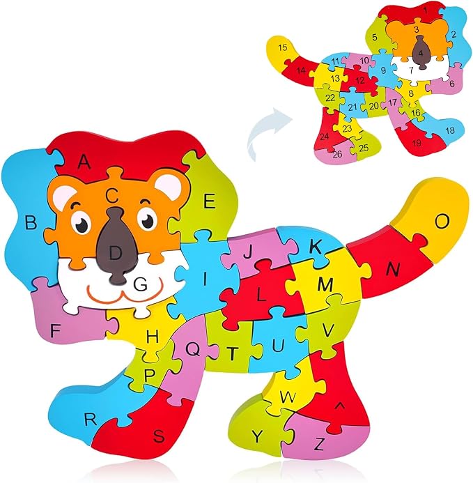 LovesTown Puzzle for Kids, Wooden, 3D Lion Shape | for Ages 3-5, Double-Sided, Alphabet Recognition, Number Counting, Fine Motor Skills, Montessori Learning Gifts