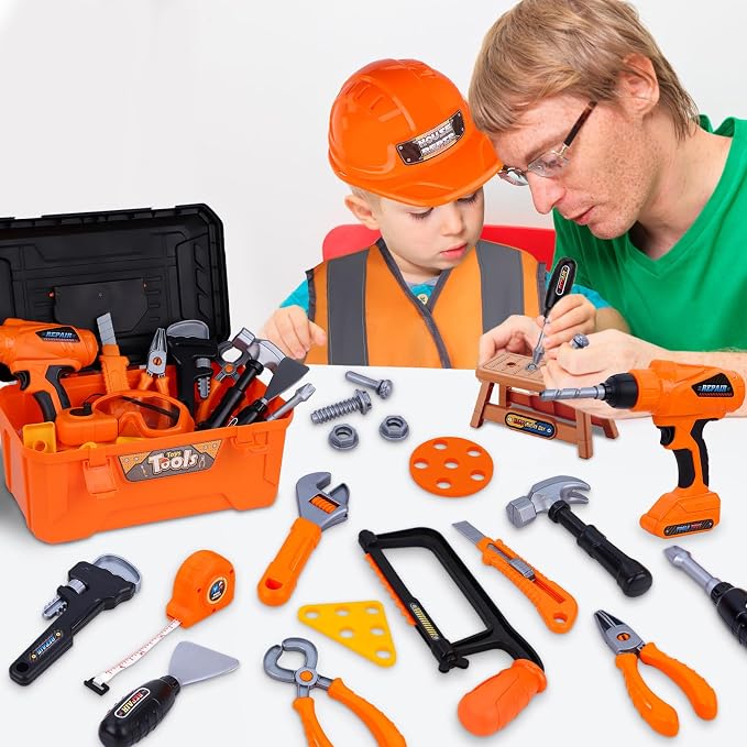 MAGIC4U 50PCS Kids Tool Set wtih Electric Drill, Safety Vest, Hat, Goggles | Pretend Play Construction Costume Toy, Tape Measure 12 Tool Equipements, Realistic sounds, Toddler Tool Box for Boy Girl