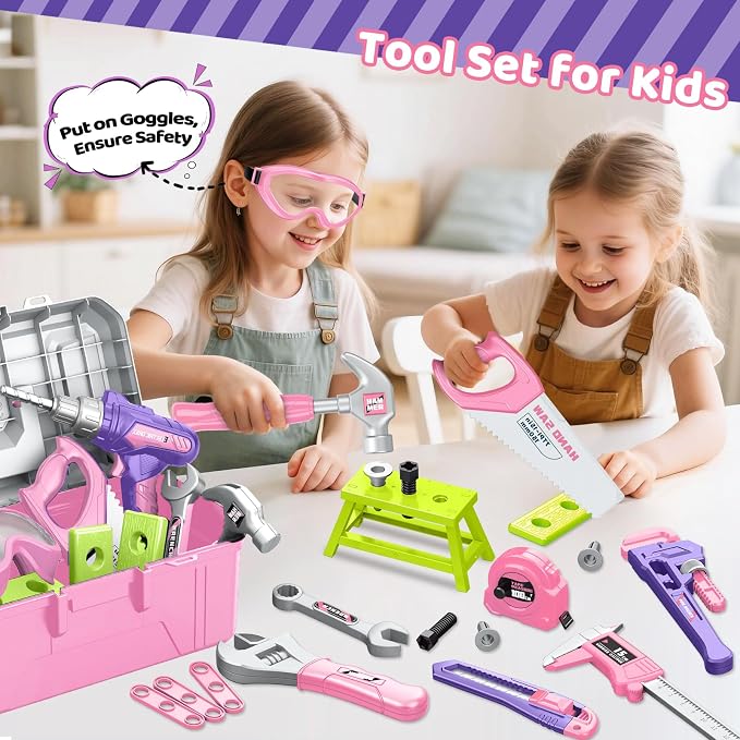 Kids Tool Set, Toddler Tool Box, Toy Drill, Construction Toys for Ages 3-5 | 46 Pcs Kids Toy Tools Kits for Toddlers Pretend Role Play, Christmas Birthday Gifts for Boys Girls Ages 3 4 5 6 7 8, Pink