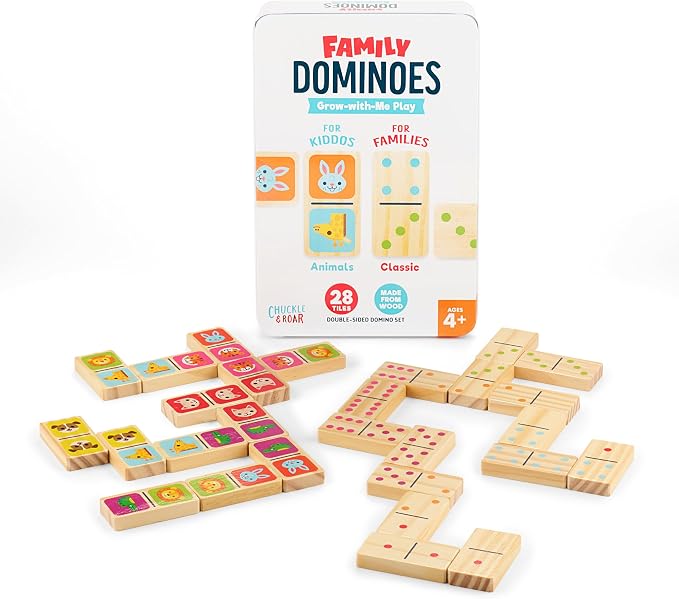 Chuckle & Roar Double-Sided Wooden Dominoes Set | 28-Piece Animal & Classic Pips Matching Game in Metal Storage Tin, Family Game Night Fun for Kids Ages 4+