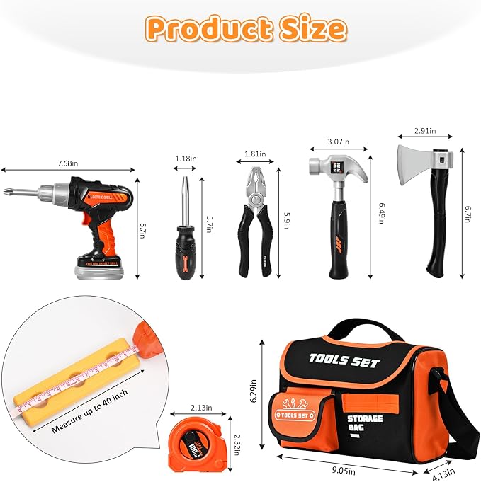 Premium Kids Tool Set, Portable Carrying Bag with Battery Powered Toy Drill, Easy-Grip Pretend Play Toddler Tool Kit, Construction Toys for Boys & Girls Age 3-8, STEM Gifts