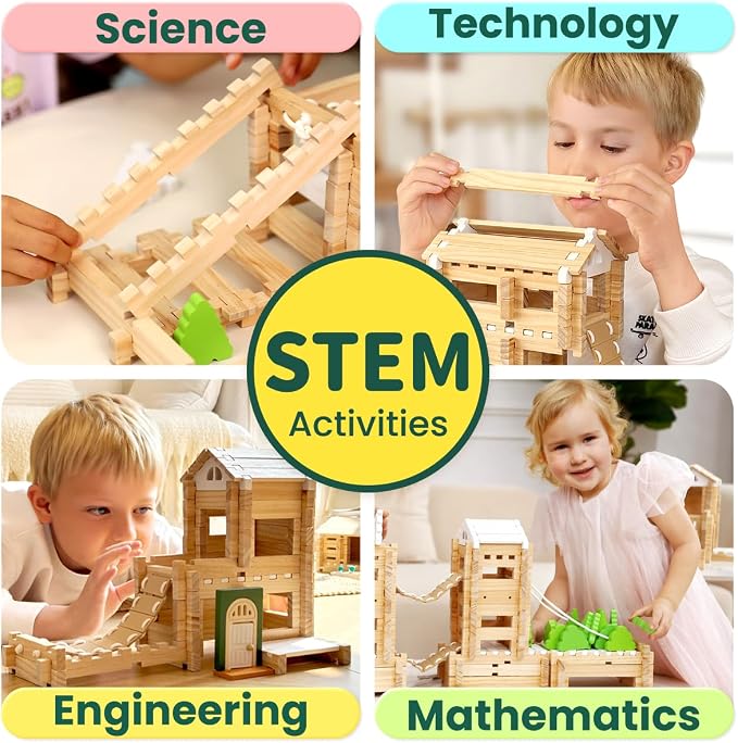 Jovi-mindly＆Notchies 107 Pcs STEM Wooden Blocks Toys with Door＆Windows|Learning Building Blocks Toy for Kids Ages 4-8 Boys and Girls|Classic Old Fashioned Toys Gifts for Birthday