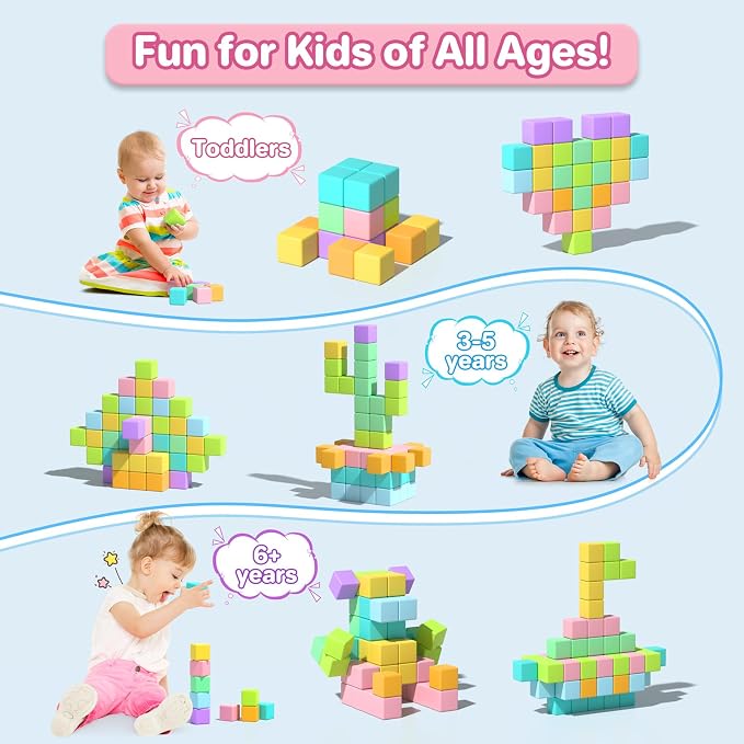 Magnetic Blocks for Toddlers 3+, 56PCS 1.34in Large Macaron Magnet Building Cubes for Kids, Stem Preschool Stack Construction Educational Toys for 3-5 Years Old Boys Girls