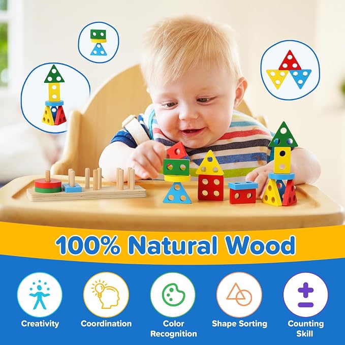 6-in-1 Baby Toys 6 to 12 Months, Montessori Toys for Babies 6-12-18 Months, Infant Teething Toy Stacking Blocks Rings Sensory Bin, Sorting Sensory Educational Learning Gift for Toddlers Aged 1-3