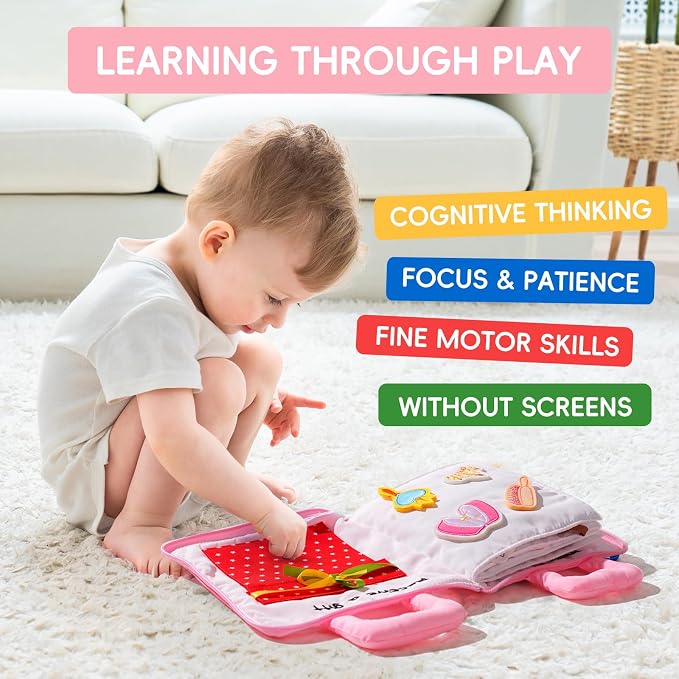 Jollybaby Baby Soft Busy Books - Princess Castle, Travel Toy & Montessori Sensory Educational, 10 Preschool Learning Activities for 2 3 4 Year Old Toddlers Boy Girl(Pink)