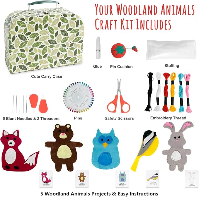 Woodland Animals Kids Sewing Kit, Educational Beginner Arts & Crafts Gift for Boys and Girls Ages 7 to 13 DIY Learn to Sew Embroidery