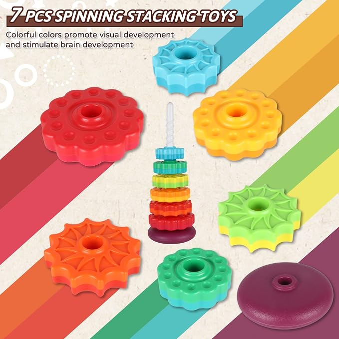 JUXUE Spinning Toy, Rainbow Stacking Toys for Children 1-3, Ring Stacker Toys 12 Months, 1 One Year Old Girl Boy Christmas Birthday Gifts, Montessori Autism Sensory Toy