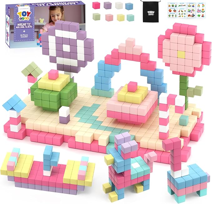 TOY Life Pastel Magnetic Blocks, 64-Piece STEM Set, Ages 3-8 | eight soft colors, smooth ABS cubes, open-ended construction, spatial play, birthday gift