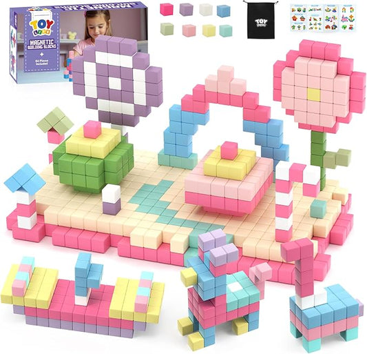TOY Life Pastel Magnetic Blocks, 64-Piece STEM Set, Ages 3-8 | eight soft colors, smooth ABS cubes, open-ended construction, spatial play, birthday gift