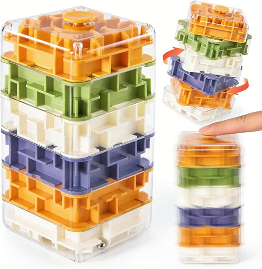 6 Layer 3D Rolling Ball Maze Cube, 2 in 1 Spin Fidget Toy for Kids | Fidget Toy and Stress Toy, 3D Brain Teaser Puzzle Game Portable Activity Toy Birthday Gifts for Kids Ages 3-7+ Boys Girls