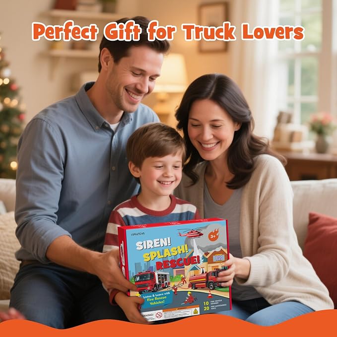 iGRATENS Fire Truck Toys with Sounds Book, 10 Alloy Toy Trucks | Fire Vehicle Board Book with 10 Buttons, Realistic Sound Effects, Exquisite Illustrations, Great for Little Truck Lovers Kids