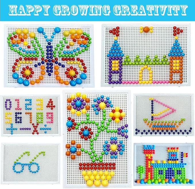 592Pcs Jigsaw Puzzle Mix Colour Mushroom Nails Pegboard Educational Building Bricks Creative DIY Peg Puzzle Toys 3D Games Birthday Christmas Party Gift for Kids Children Age Over 3 Years Old