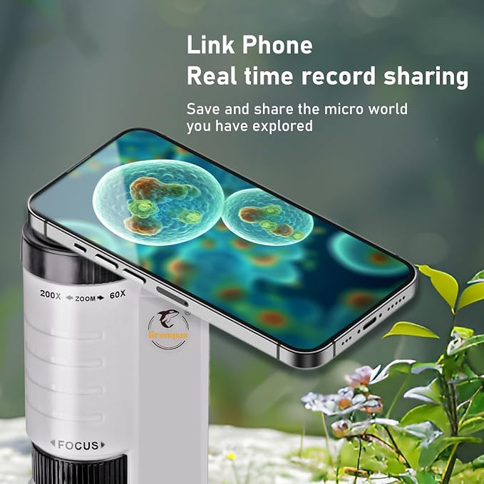 Grampus 60x-200x LED Pocket Microscope Portable Handheld STEM Toy for Kids Adults, Mini Microscope for Student Science Lab for Educational Microbiological Observation Outdoor Exploration