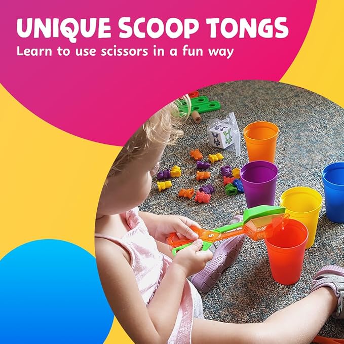 Rainbow Stacking Bears & Sorting Cups, 69 Pc Set, Storage Bag | 60 Bear counters, Scissor Tongs, Rainbow Cups, Storage Bag, Sorting dice Game, Educational, Sensory