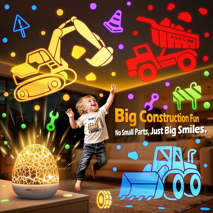 Excavator Construction Toy Projector, 15 Sounds & 6 Films Truck Night Light | Excavator Toys for 4 year old Boys, White Noise Dinosaur Egg Night Light for Kids Room Decor,31 Color Remote Timer Brightness