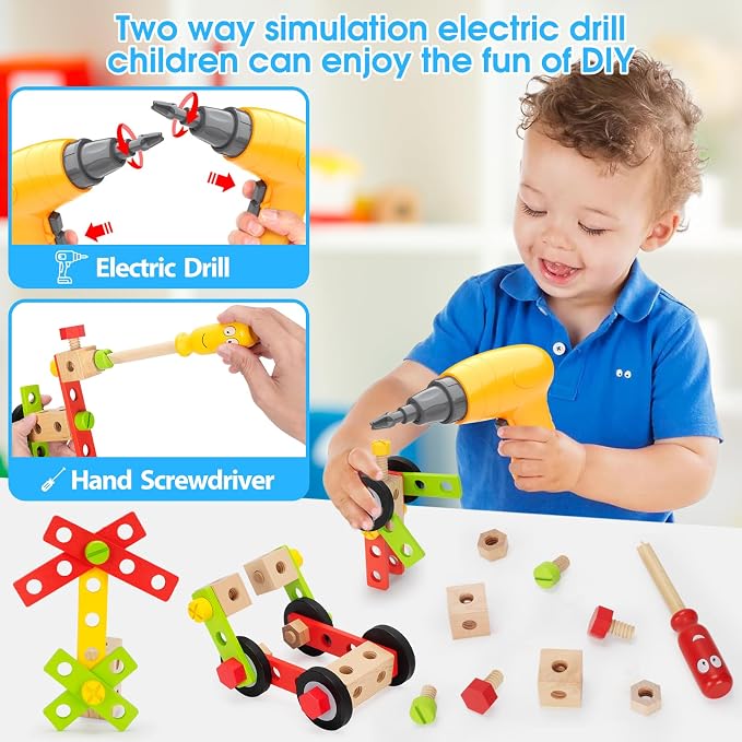 Kids Tool Set Toy with Drill, Stem Montessori Toys for 3 4 5 Years Old Boy Girl, 44 Pcs Wooden Toddler Tool Kits Inc Box, Learning Educational Construction Toy | Toy Tools for Toddlers 3-5 with Drill, Bolts and Wheels in a Portable Wooden Box for Prete...
