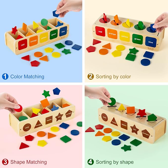 Lynncare Wooden Montessori Color & Shape Sorting Matching Toy | Coming with 25 blocks,1 box and 20 challenge cards,Montessori Toys for 1 2 Year Old,learning toys for toddlers 1-3