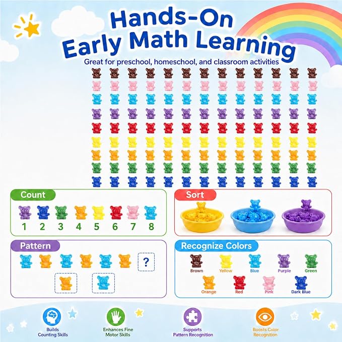 XINHUIDALSQ 180 Pcs Counting Bears, 0.62'' 9 Colors Rainbow Counting Mini Bears, Plastic Sorting Bear Counters Math Manipulatives for Ages 3+ Kids, Back to School Supplies