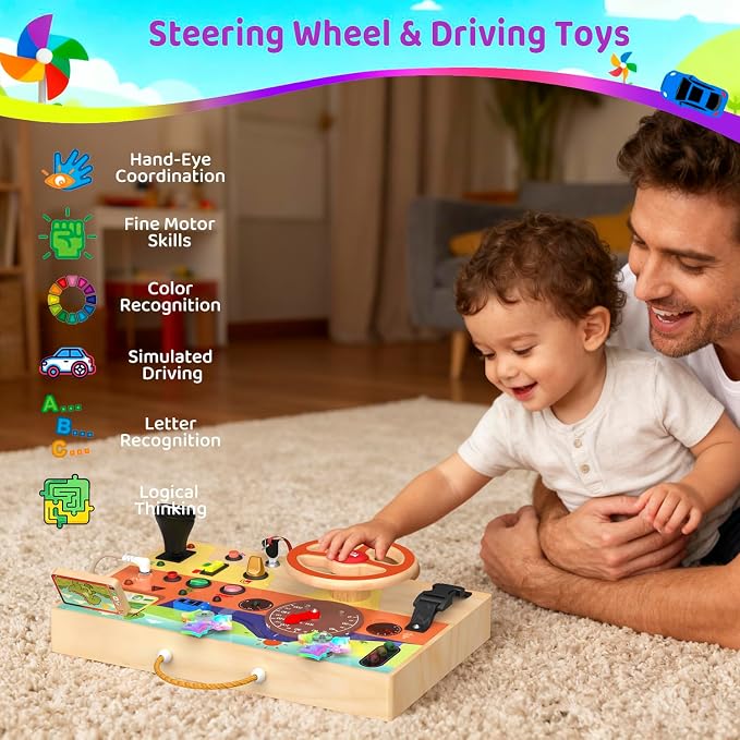 UdoUto Montessori Wooden Busy Board with Steering Wheel & Driving Toys | Sensory Activity Boards for Toddlers 1-3, Car Themed Fidget Toy, Lights, Switches & Windmill Spinner