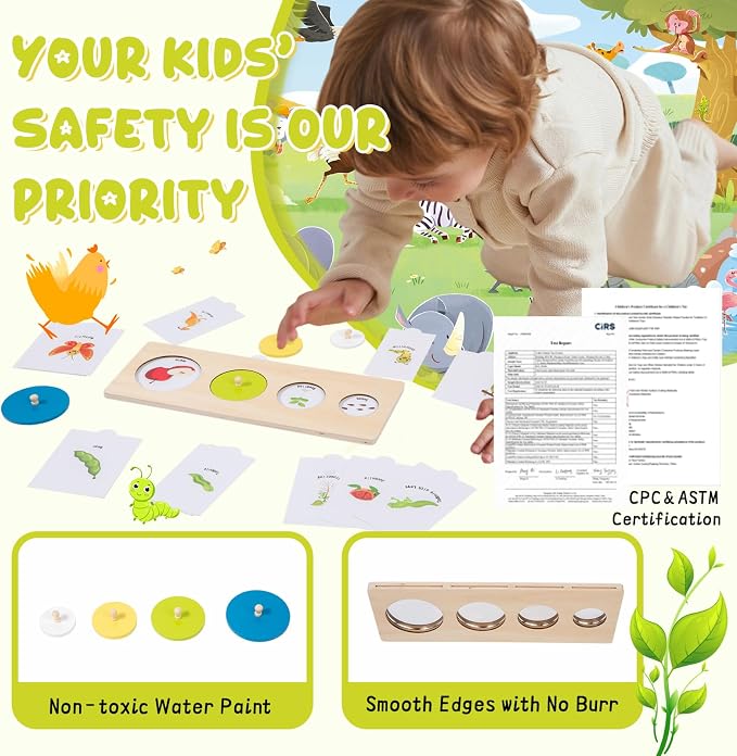 Wooden Circle Peg Puzzle with Mirror & 8 Life Cycles,First Baby Knob Puzzle | 32 Learning Cards for 8 Animal & Plant Life Cycles,Peekaboo Mirror Puzzle for Toddlers 1-3,Montessori Preschool Learning Toy