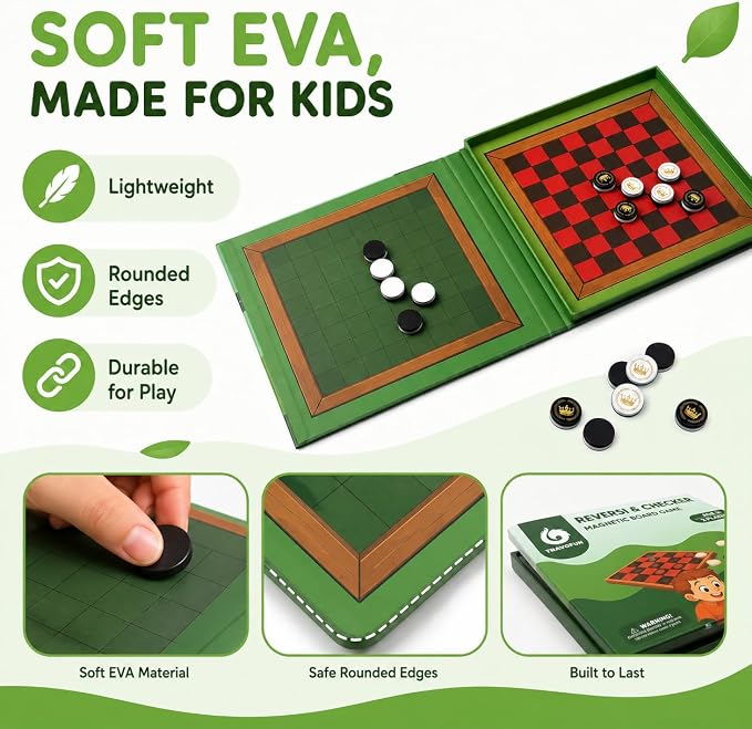 TRAVOFUN Magnetic Reversi and Checkers | Travel Games for Kids 8-12 | 2-in-1 travel reversi game and checkers board keeps magnetic pieces secure for car rides, flights, and strategy play.