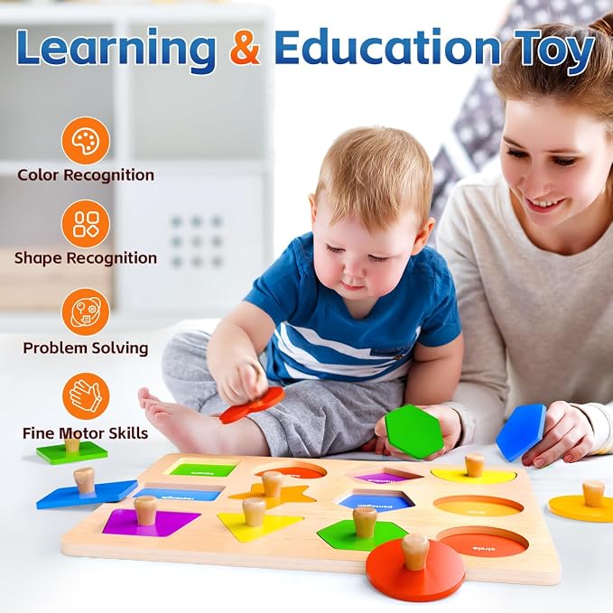 Wooden Shape Peg Puzzles for Toddlers 1 2 3 Year Old Boys Girls Gifts: Shape Sorter & Color Match Baby Puzzles 12-18-24 Months - Montessori Toys for 1 2 3 Year Old Toddler Learning Activities
