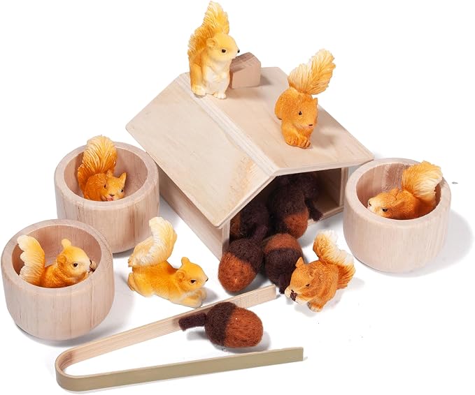 Sorting Stacking Wooden Toys for Toddlers, Squirrel Toys | Montessori Toddler Sensory Bin Tool Toy, Wood Squirrel Toy House Fine Motor Skill Early Learning Educational Gift for Kids