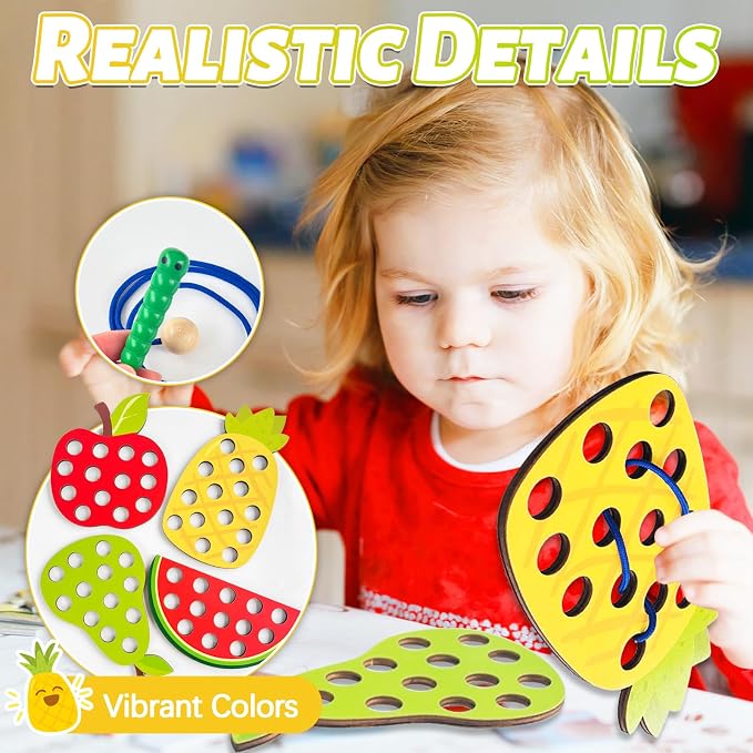 Woozettn 4 Pack Wooden Lacing Threading Toys, Fine Motor Skills Educational Puzzles, Wooden Fruit Threading Set Sorting & Stacking Toy for Toddlers Kids Ages 3–5