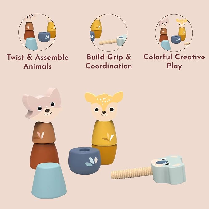 Wooden Screw Toys for Toddlers 24m+ Animal Nuts Bolts Set | animal shapes, screw twist pieces, nuts and bolts for kids, preschool toys, STEM threading problem solving, fine motor, build