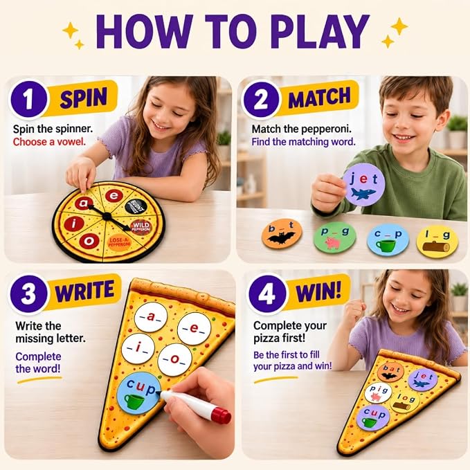 CVC Words on Pepperoni - Learn to Read & Write, Magnetic Phonics Games | Preschool Kindergarten Learning, Write-Wipe Activity, Classroom & Homeschool Supplies, Speech Therapy Ages 3+