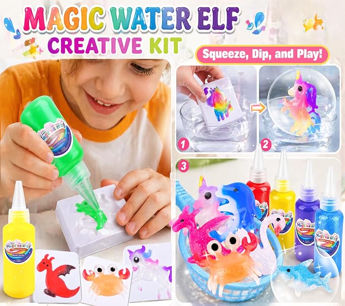 Louseadon Magic Water Elf Toy Kit for Kids, 13 Colors Magic Gel & 8 Molds, Make Your Own Water Pets, DIY Squishy Maker Set, Sensory Craft Toy, Party Favors & Gifts for Boys & Girls, Ages 3+
