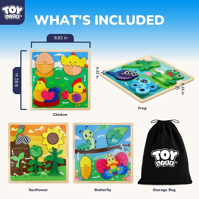 TOY Life Life Cycle Toys Puzzles for Kids, Wooden Puzzles for Toddlers 2-4, 4 Large Pieces Animal Puzzle for Toddlers 1-3, Montessori Toys for 1 2 3 Year Old Boy Girl, Baby Kids Educational Toy