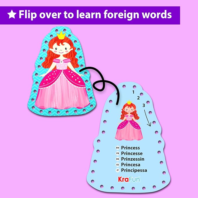 KRAFUN Princess & Castle Lacing Cards Age 3+ | 5 Projects | 5 princess cards: Princess, Unicorn, Castle, Fairy & Crown. Builds fine motor skills. Perfect for toddler girls