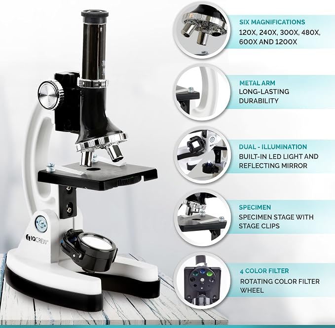 AmScope M30-ABS-KT2-W-KVB1 1200X White Metal Arm Starter Microscope Kit | 120X-1200X Magnification Range