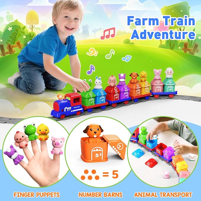 Electric Train Set for Toddlers 2-4 with Farm Animals, Music & Lights, Blue | Montessori Counting & Sorting Train Toy, 37 Pieces with 8 Farm Animal Finger Puppets and Numbered Barns for Toddlers