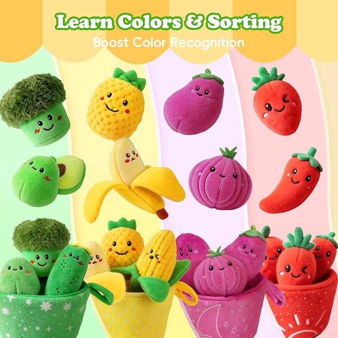 SAIMAND Baby Toys 6-12 Months,16PCS Montessori Plush Sensory Play Food Gift | Color Sorting Fruit & Vegetable Sensory Toys for Babies, Soft Play Food with Crinkle & Rattle,Gifts for 1-Year-Old Boys&Girls