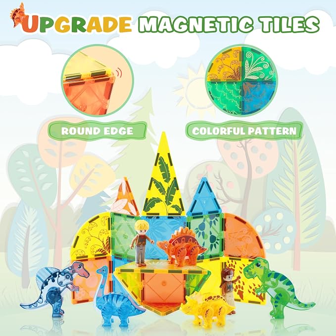BENOKER Dinosaur Magnetic Tiles, Animals Magnet Building Blocks Toys Gift | 49P Dinosaur magnetic tiles to build vivid dino world scenes. Educational STEM playset, wonderful birthday gift for kids