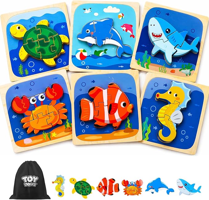 TOY Life Wooden Puzzles for Toddlers 2-4, Sea Animals Puzzles for Toddlers 1-3, Wood Puzzles Educational Montessori Toys Gifts for 1 2 3 Year Old, Baby Kids Learning Toy