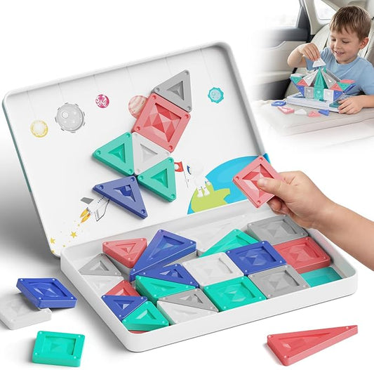 Magnetic Tiles Travel Tin Set: Airplane Activities for Kids Ages 4-8 | 40 Pcs Morandi Building Blocks, 90+ Mins Quiet Play, 45s Cleanup, Powerful Magnets, Holds 7 Tiles, Portable for Car Trips