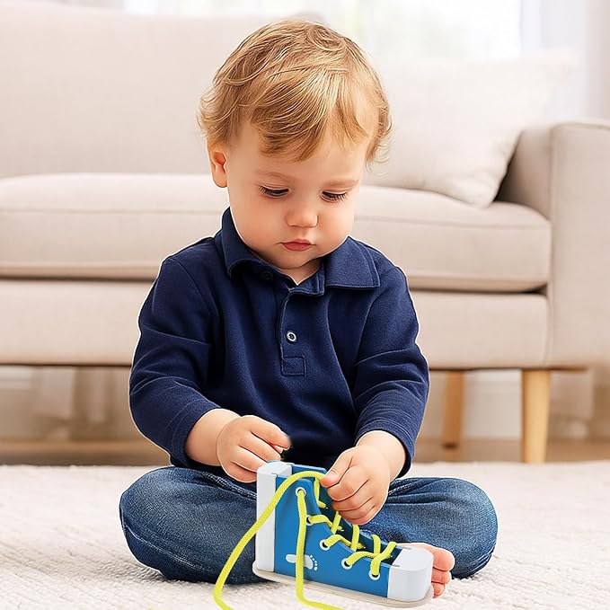 Learn to Tie Shoes for Kids Wooden Lacing Sneaker, Blue | Educational Toy, Safe & Reusable, Wooden Shoe Tying Practice Kit, Wood Lacing Sneaker Toy, for Tie-Up Shoe Practice
