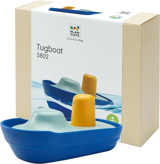 PlanToys® Tugboat Wooden Bath Toy, Floating Boat Fine Motor Imaginative Play