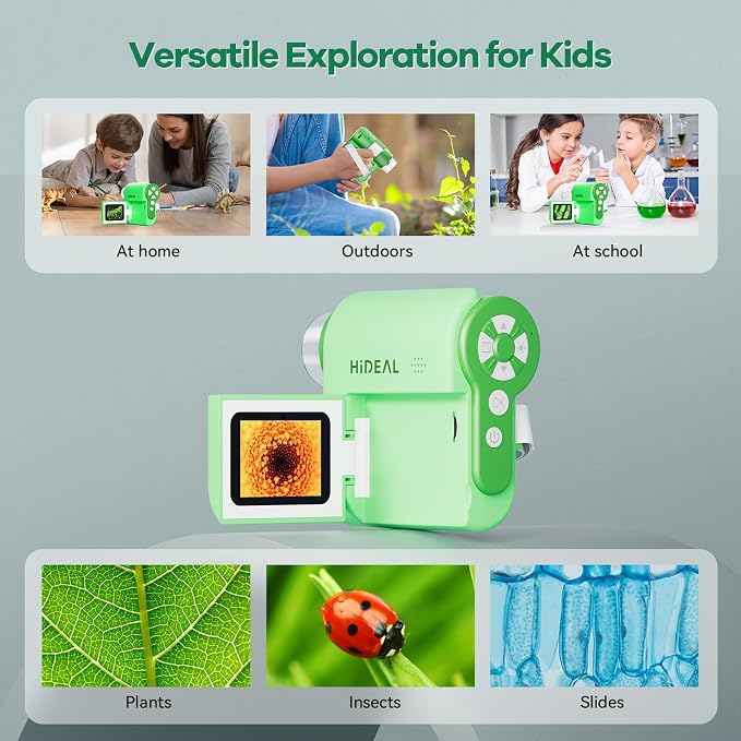 Hideal HP20 IPS Microscope for Kids: [3-in-1] [Easy and Fun] 2" Portable Handheld Microscope Miniscope, Pocket Mini Scope Educational Science Kit, Christmas Birthday Gifts for Kids, 32GB, Green