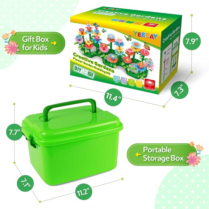 YEEBAY Flower Garden Building Toys for Girls Age 3, 4, 5, 6, 7 Year Old - STEM Gardening Toys for Kids - Stacking Game for Toddlers Play Set - Educational Activity for Preschool (148 PCS) | Flower Stacking Toy with Washable Pieces, Portable Box and Gif...