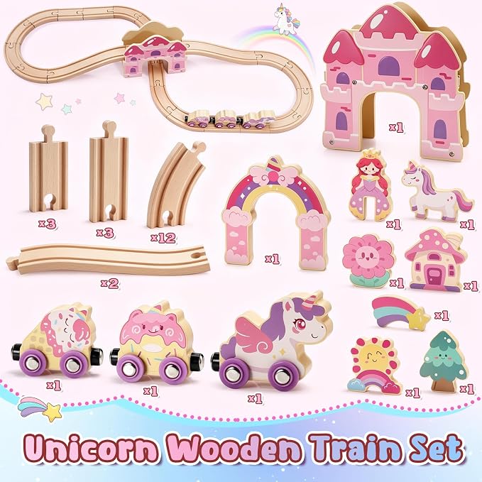 Unicorn Wooden Train Set for Girl 3-5, Birthday Gifts Toys for 2 3 4 5 6 Year Old Toddler Girls, Learning Gift Toy for Toddlers Kids Age 2-4, 32PCS Princess Castle Train Track Sets with Storage Box