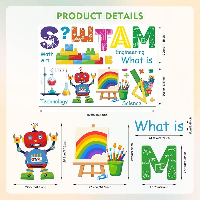 LHIUEM Large STEAM Wall Decal Colorful Steam Bulletin Board Wall Stickers | STEAM Science Educational Wall Decor Funny School Classroom Sticker for Wall Lab Learning Mural for Kids Classroom Laboratory