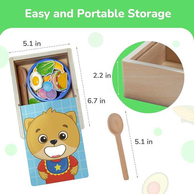 Wooden Feeding Toy - Montessori Scooping & Fine Motor Toy for Toddlers 1-4 | Speech Therapy & Occupational Therapy Pretend Play Food Set | 27 Foods, Spoon & Bowl